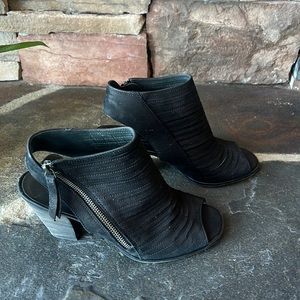 Paul Green Black Leather Peep Toe Booties with Zipper Detail